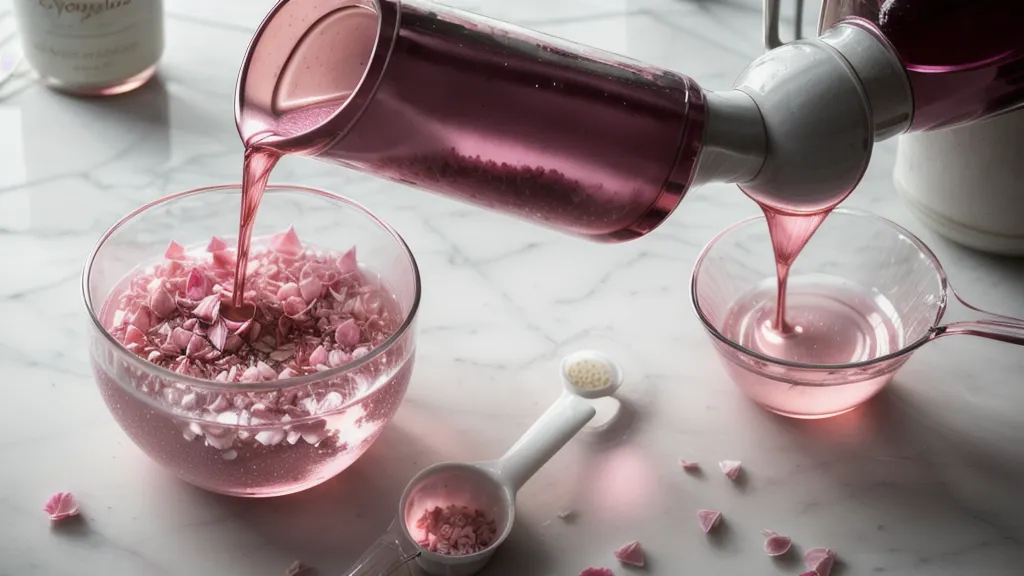 Vertiendo hidrolato de rosas en un vaso medidor para la receta