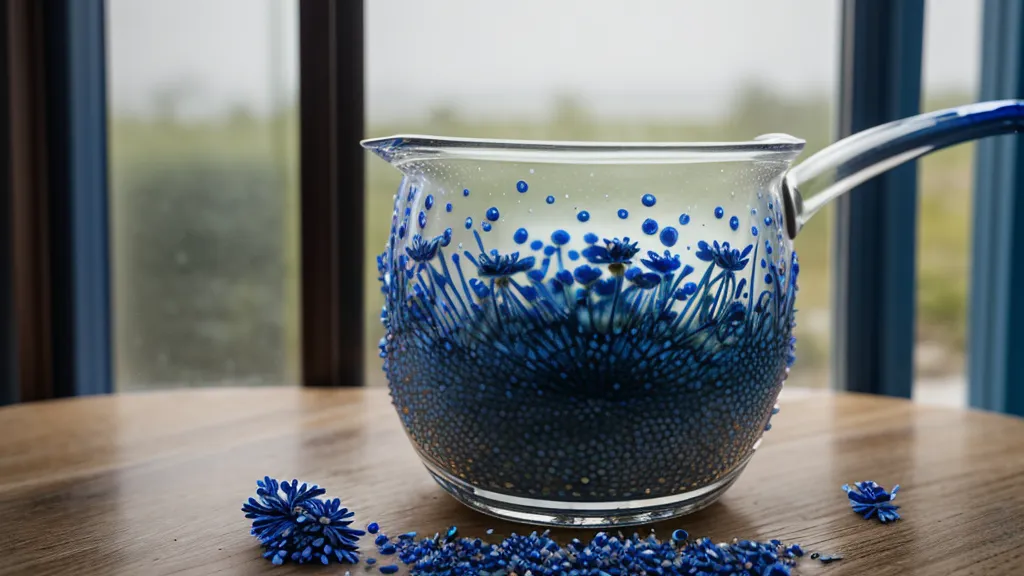 Hidrolato de aciano azul vertiéndose en un recipiente de cristal para cosmética casera.