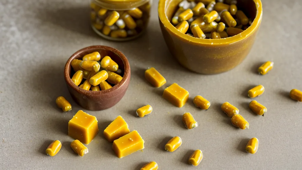 Trozos de manteca de cacao pura y perlas de cera de abejas para cosmética natural.