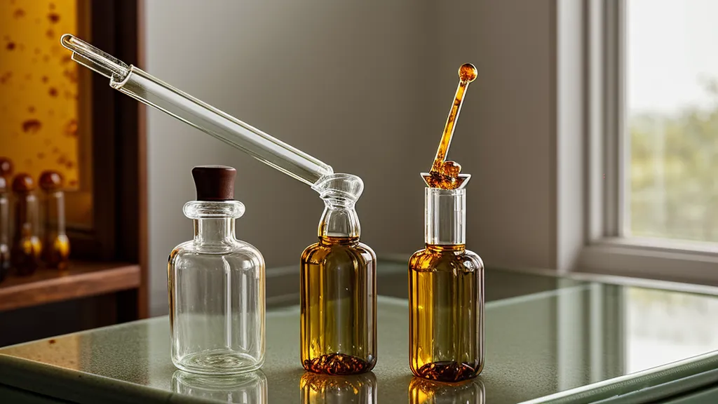 Pipeta de vidrio dosificando serum casero transparente en frasco cuentagotas oscuro