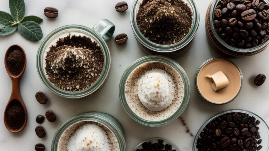 Mezclando café molido con aceite vegetal en un bol de cristal
