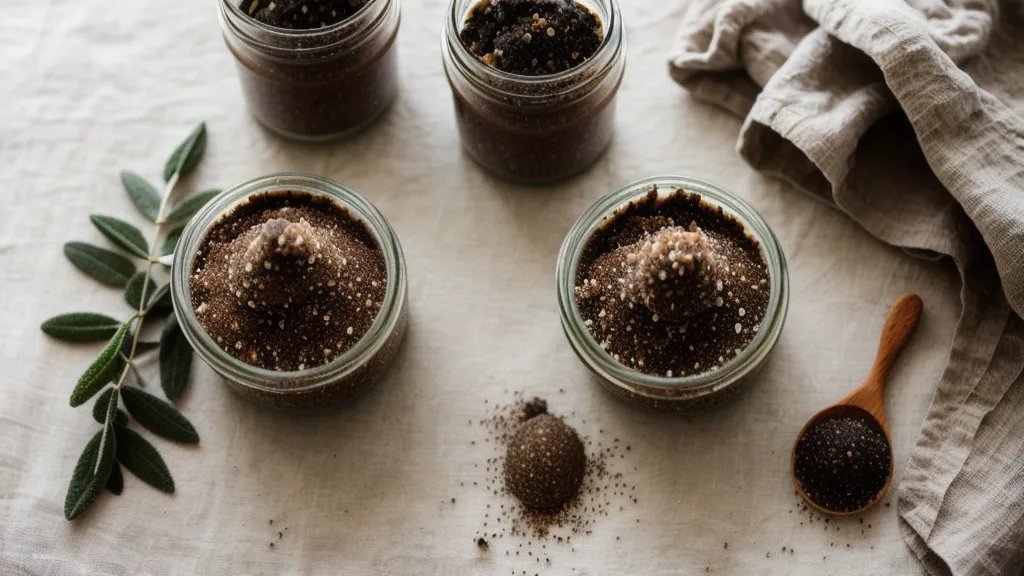 Tarro de cristal con exfoliante de café casero terminado y etiquetado
