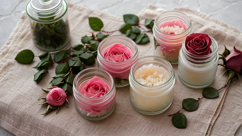 Pétalos de rosa rosa frescos sobre una encimera de madera con luz natural.