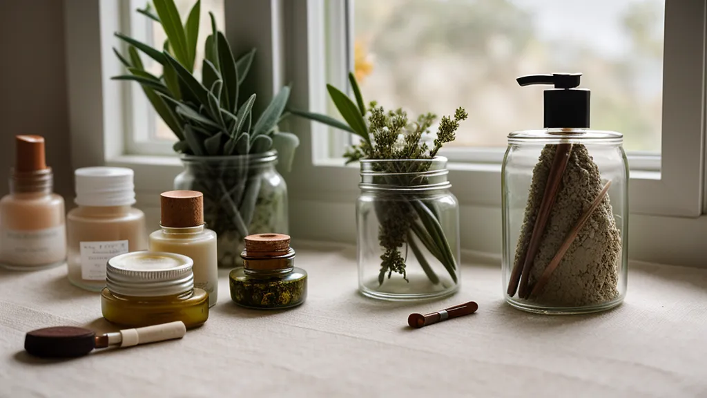 estantería de baño con cosméticos naturales caseros en frascos de vidrio