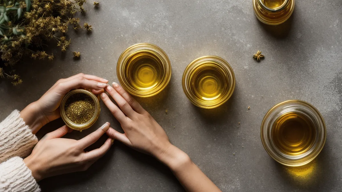 Aceite para estrías casero en frasco de cristal, receta de cosmética natural con aceites vegetales para el cuidado corporal